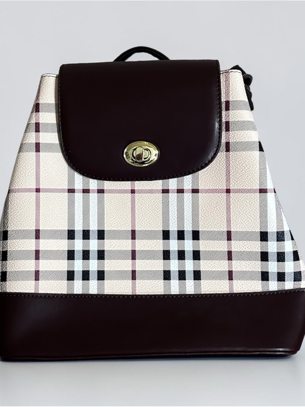 Burberry Womens Plaid Backpack with Dark Brown Trim